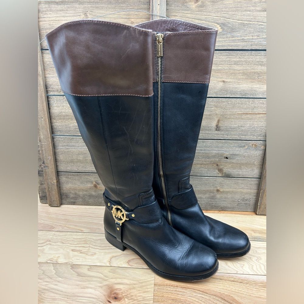 Michael Kors leather Fulton Harness Boots SF14F Black & Mocha Full Zip Sz 7.5